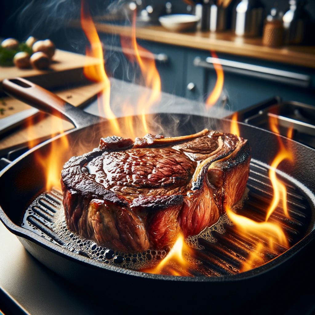 ribeye steak dicht schroeien op een hoge temperatuur gietijzer pan