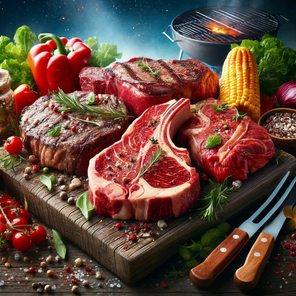 de beste stukken rundvlees voor een BBQ. Toon een selectie prachtig gemarmerde steaks waaronder ribeye, T-bone,