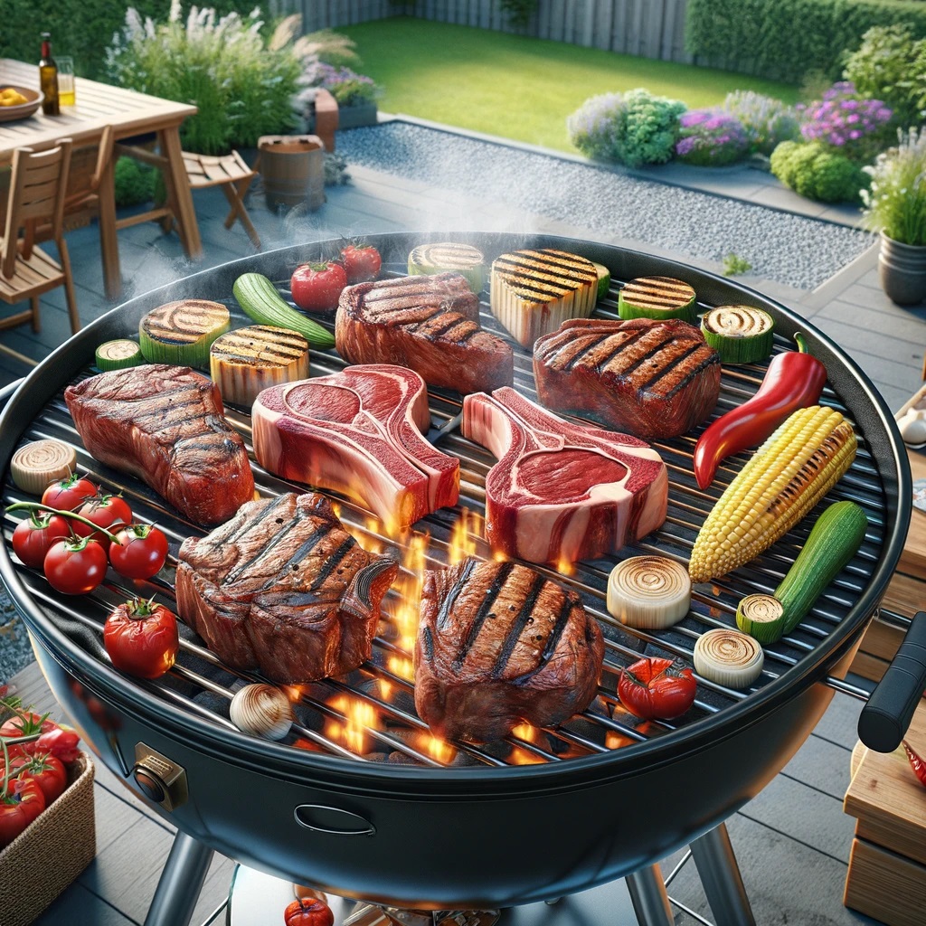 een BBQ-grill waarop rundvlees wordt gekookt. Laat verschillende stukken prachtig gemarmerde steaks zien, waaronder ribeye, T-bone en entrecote