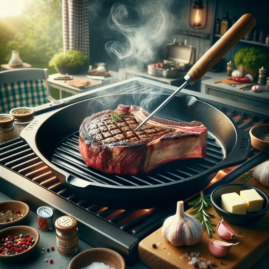 een ribeye steak die wordt bereid met behulp van de reverse sear methode. De scène toont de ribeye op een grill terwijl de rook zachtjes opstijgt