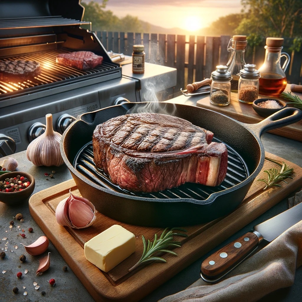 een ribeye steak die wordt bereid met de omgekeerde schroeimethode. De ribeye ligt op een grill met opstijgende rook