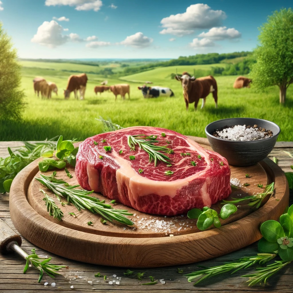 grasgevoerd rundvlees. Show een prachtig gemarmerde biefstuk op een rustieke houten snijplank, omgeven door verse kruiden als rozemarijn en th