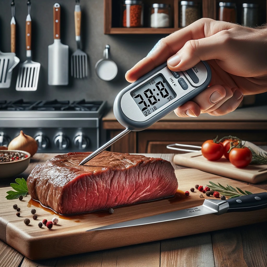 het meten van de temperatuur van rundvlees. De scène toont een stuk rundvlees op een snijplank, met een hand die een vleesthermometer in zijn hand houdt
