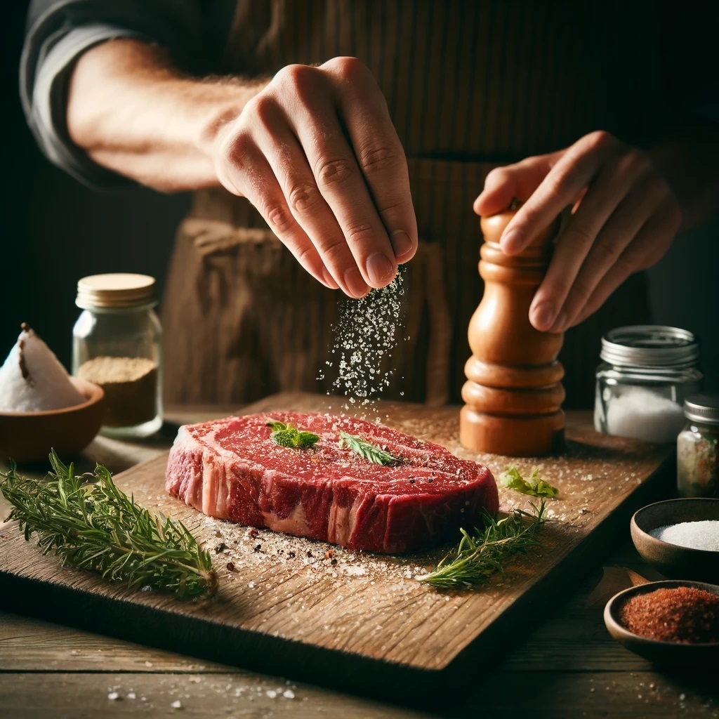 someone dry-curing a bavette steak. The scene is set in a clean, rustic kitchen. The person is sprinkling coarse salt and pepper
